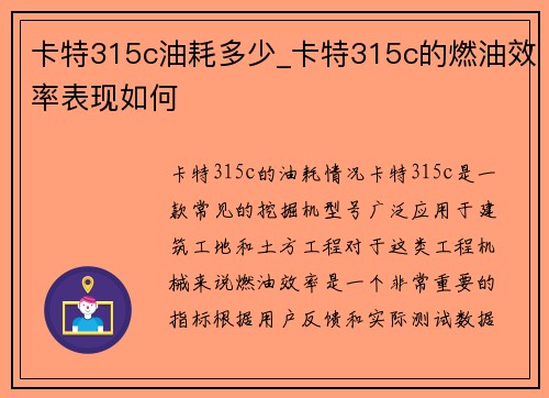 卡特315c油耗多少_卡特315c的燃油效率表现如何